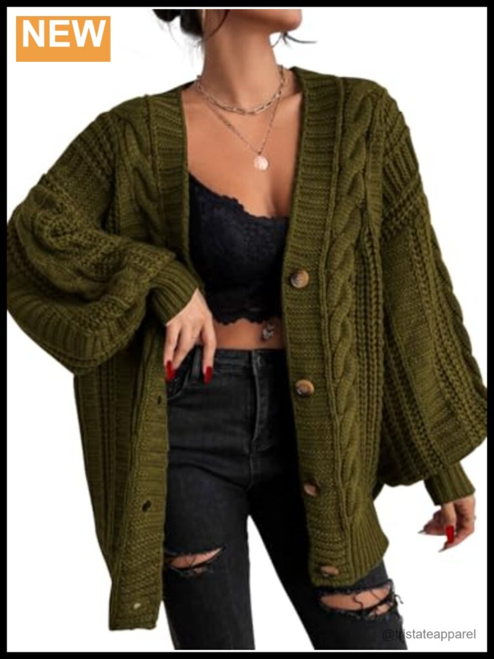 Oversized Cable Knit Cardigan Sweater Button Down V-Neck Lantern Sleeve